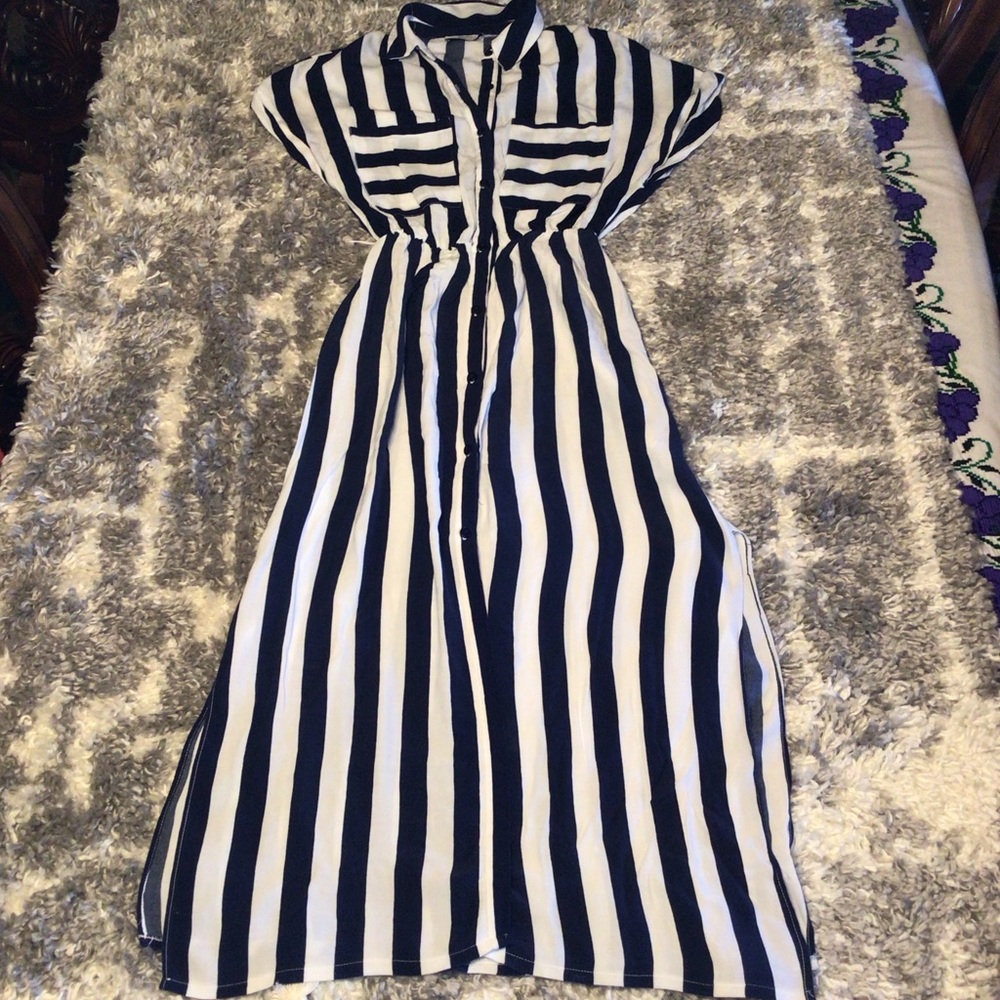 Bershka Navy and White Striped Button Up Maxi Dress